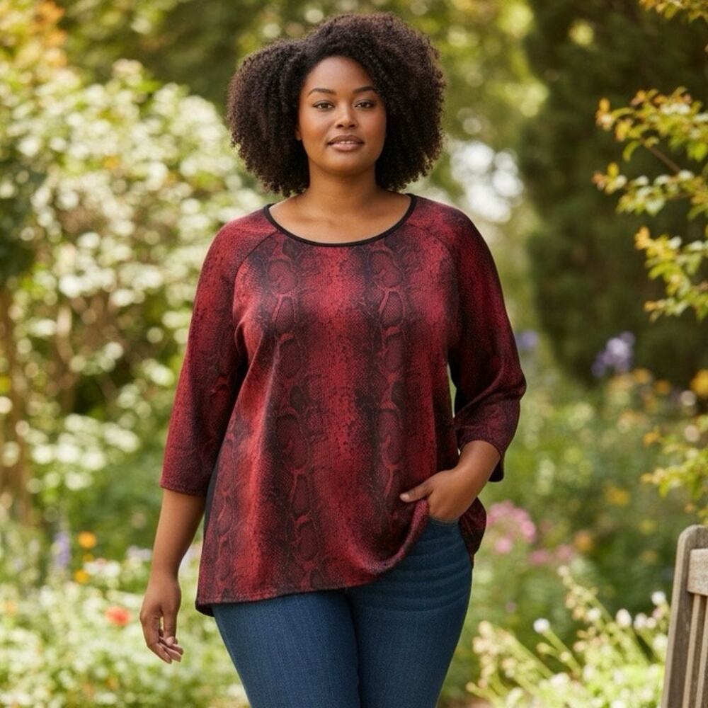 Goddess Womens Plus Size 3X Red Black Snakeskin Print Blouse Top Contrast